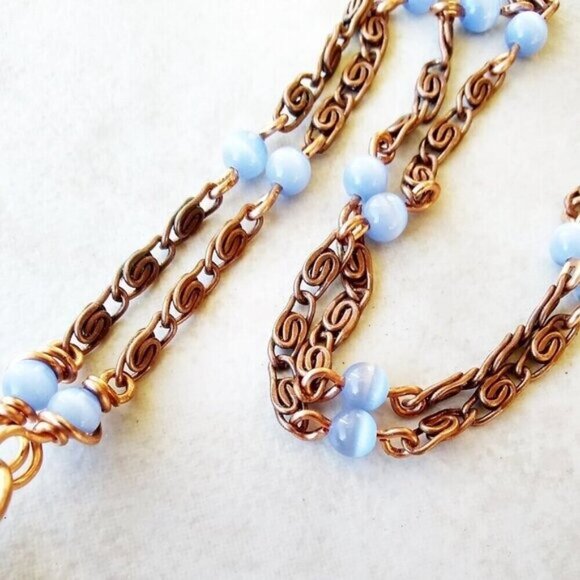 NEW! Patina Hand Painted Medallion + Blue Catseye + Copper Bohemian Necklace - Picture 3 of 10